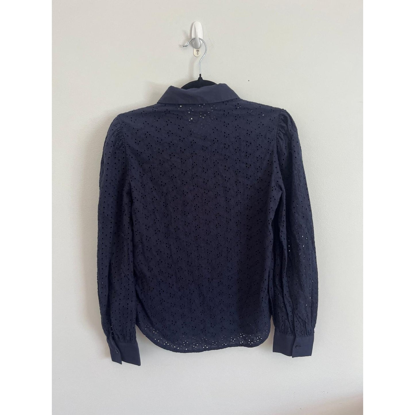 7 For All Mankind Eyelet Button Down Shirt Women XS Navy Blue Blouse Cotton Top