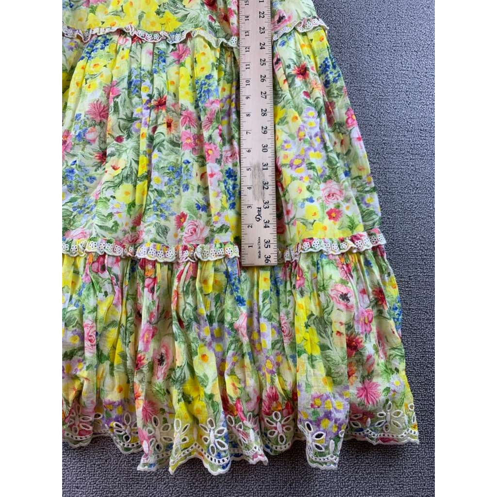 Love Shack Fancy Floral Dress Women XS Yellow Puff Sleeve Smocked Tiered Eyelet