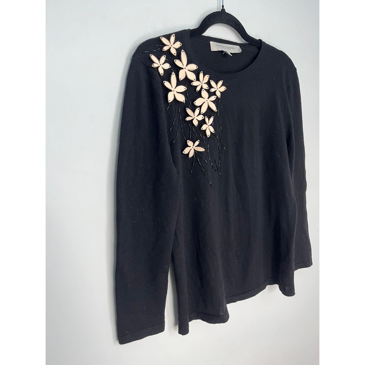 Carolina Herrera Floral Embellished Sweater Women L Black Embroidered Italy