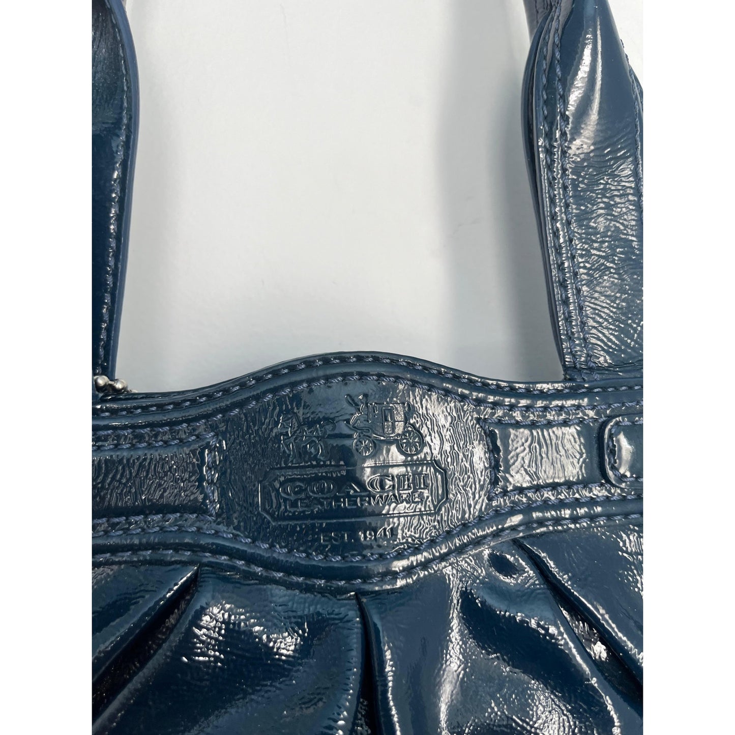 Coach Patent Leather Vintage Shoulder Bag Women Navy Pleated Turnlock Tote