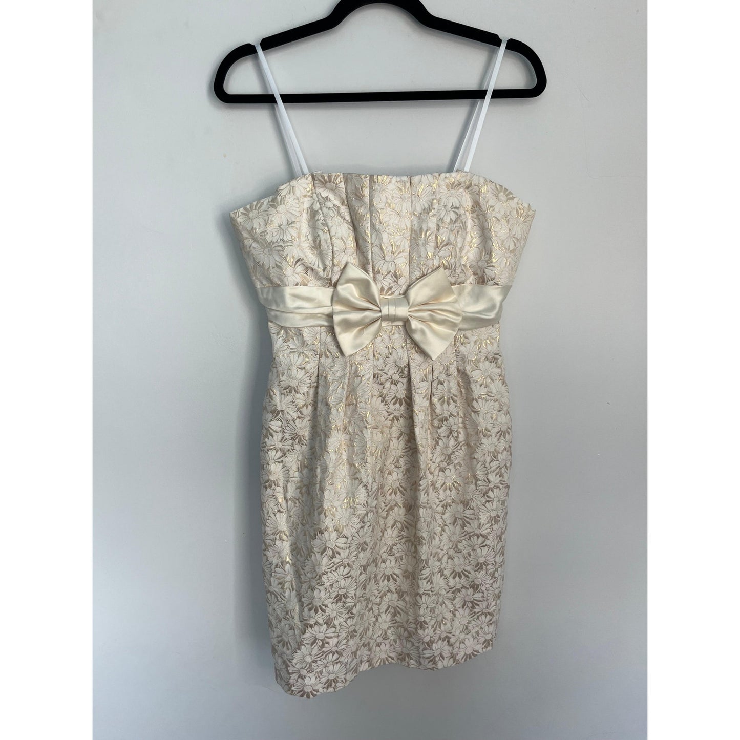 Betsy & Adam Strapless Mini Dress Women 12 Floral Brocade Bow Cream Gold