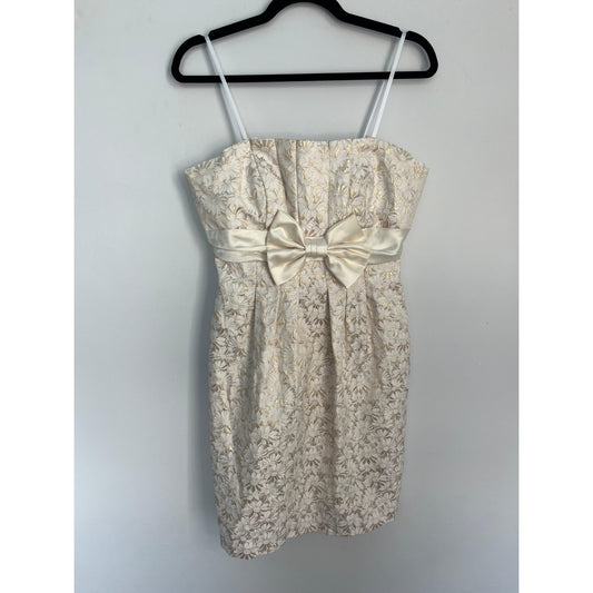 Betsy & Adam Strapless Mini Dress Women 12 Floral Brocade Bow Cream Gold