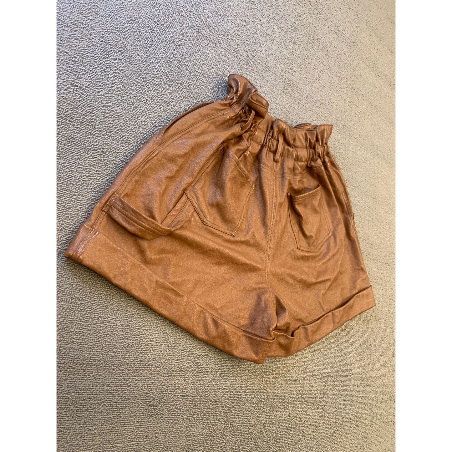 Ronny Kobo Women Large Brown Faux Leather Paperbag Shorts