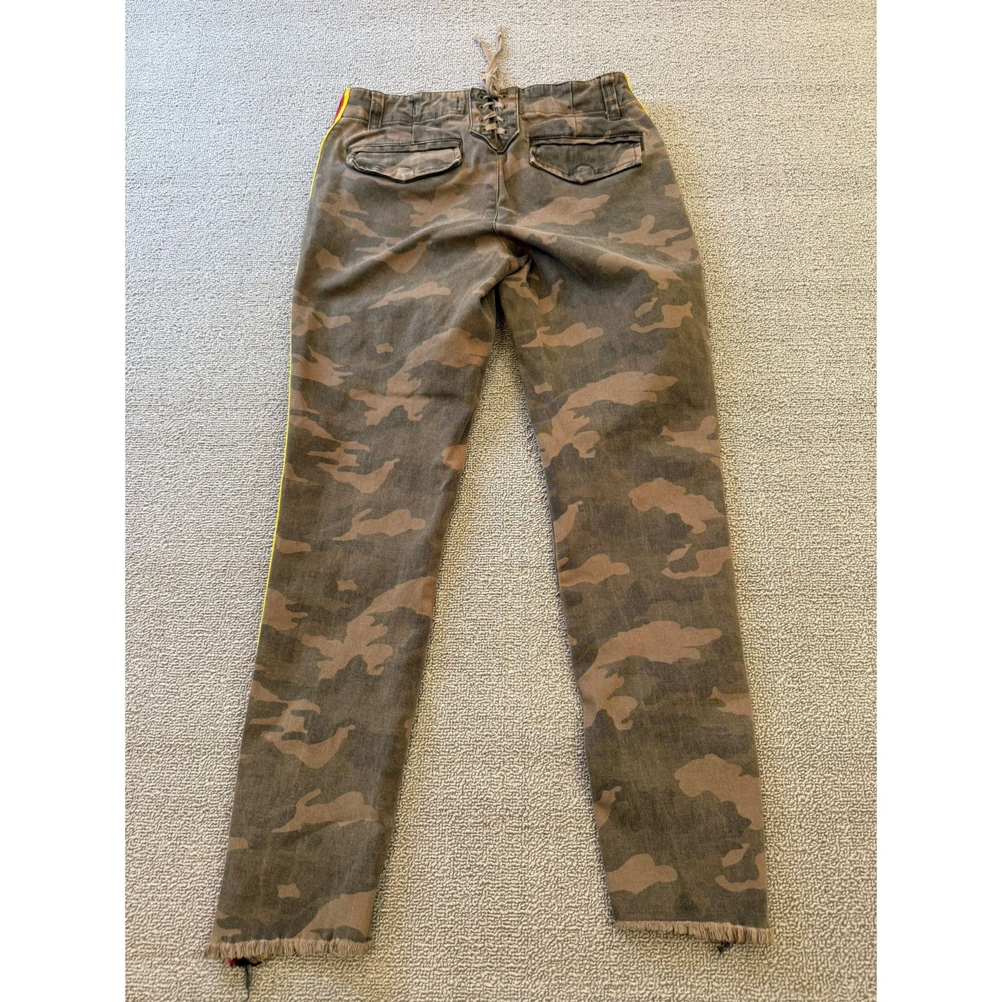 PAM & GELA Women's 24 Camo Camouflage Red Yellow Stripe Distressed Pants