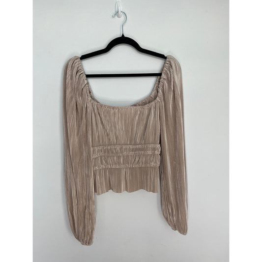 ASTR The Label Pleated Puff Sleeve Blouse Women M Beige Ruched Peplum Top