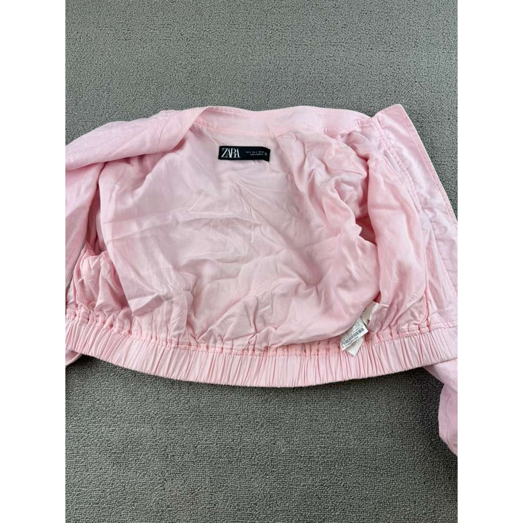 Zara Cropped Jacket Women S Pink Zip Front Elastic Hem Long Sleeve Ribbed Cuffs