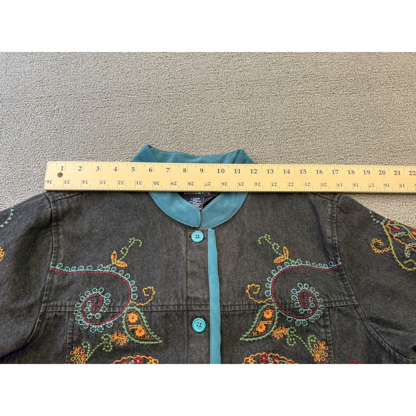 DENIM&CO Women's Large Charcoal Embroidered Denim Jacket