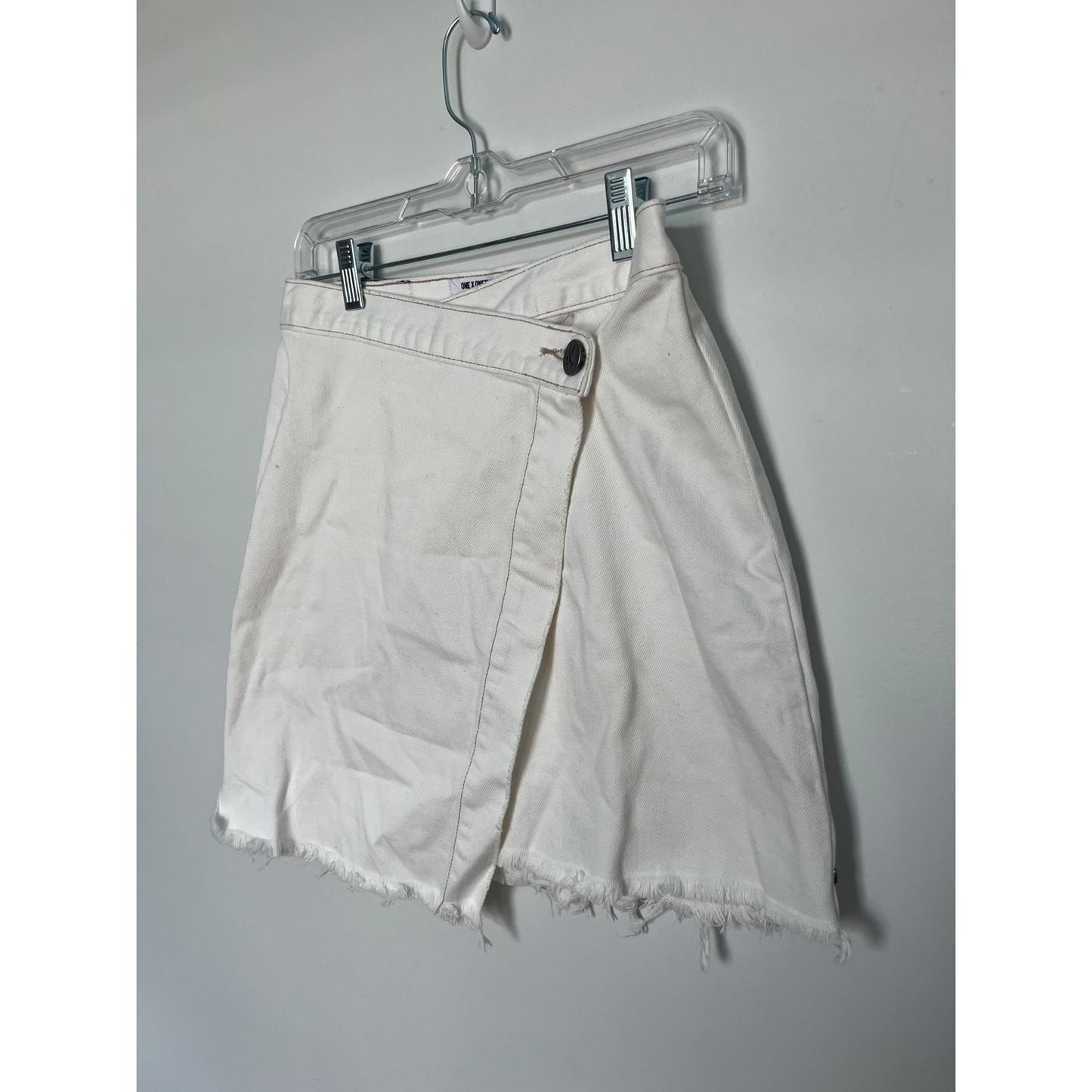 One x OneTeaspoon White Denim Wrap Mini Skirt Women 26 Distressed Raw Hem