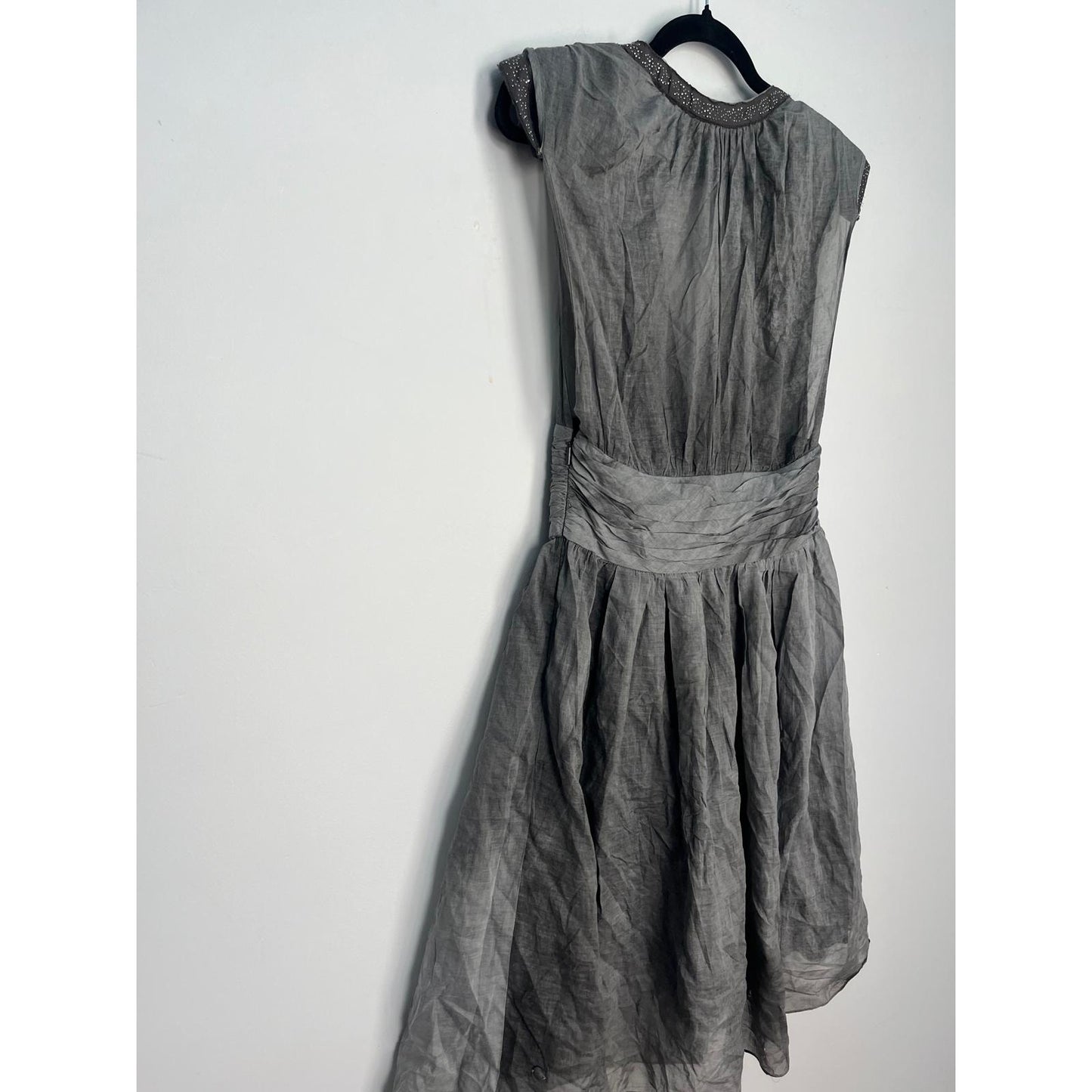 Boss Orange Gray Dress Women 6 Pleated Sheer Cap Sleeve Embellished Waist