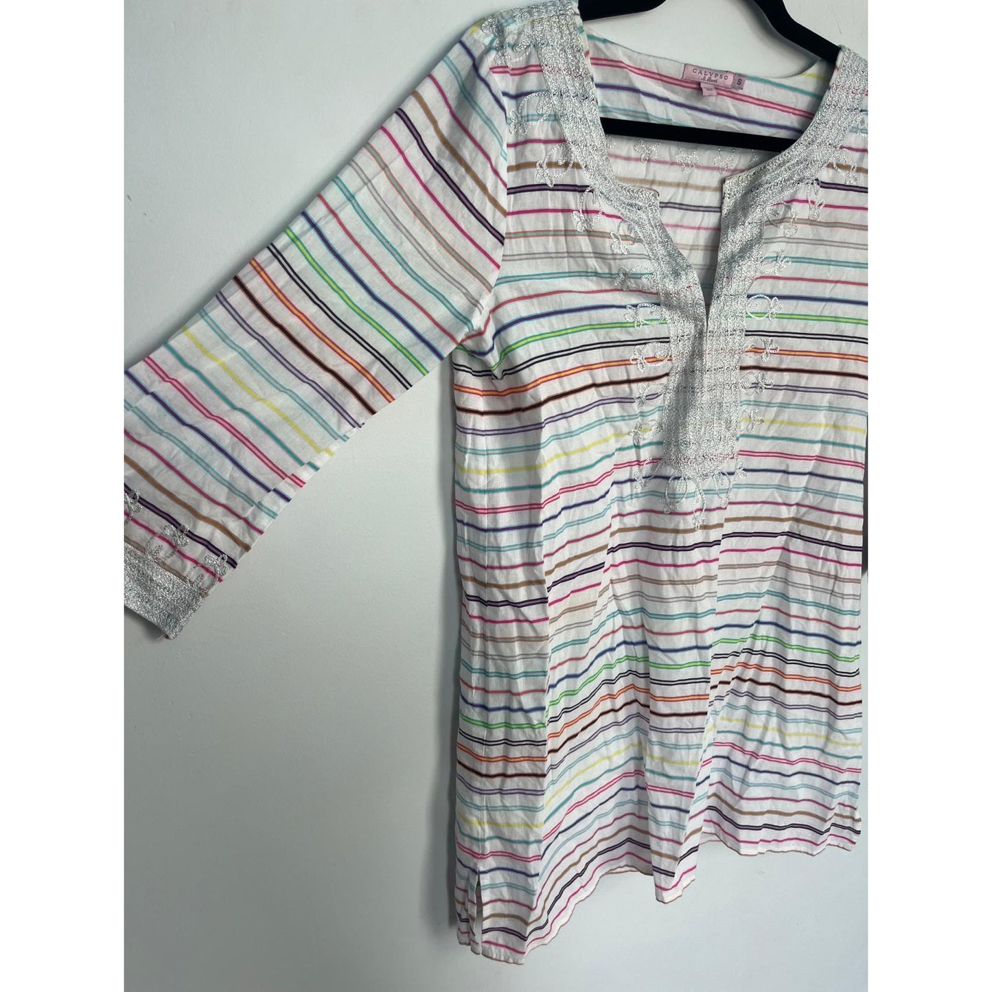 Calypso St Barth Tunic Top Women Small Striped Metallic Embroidered Boho