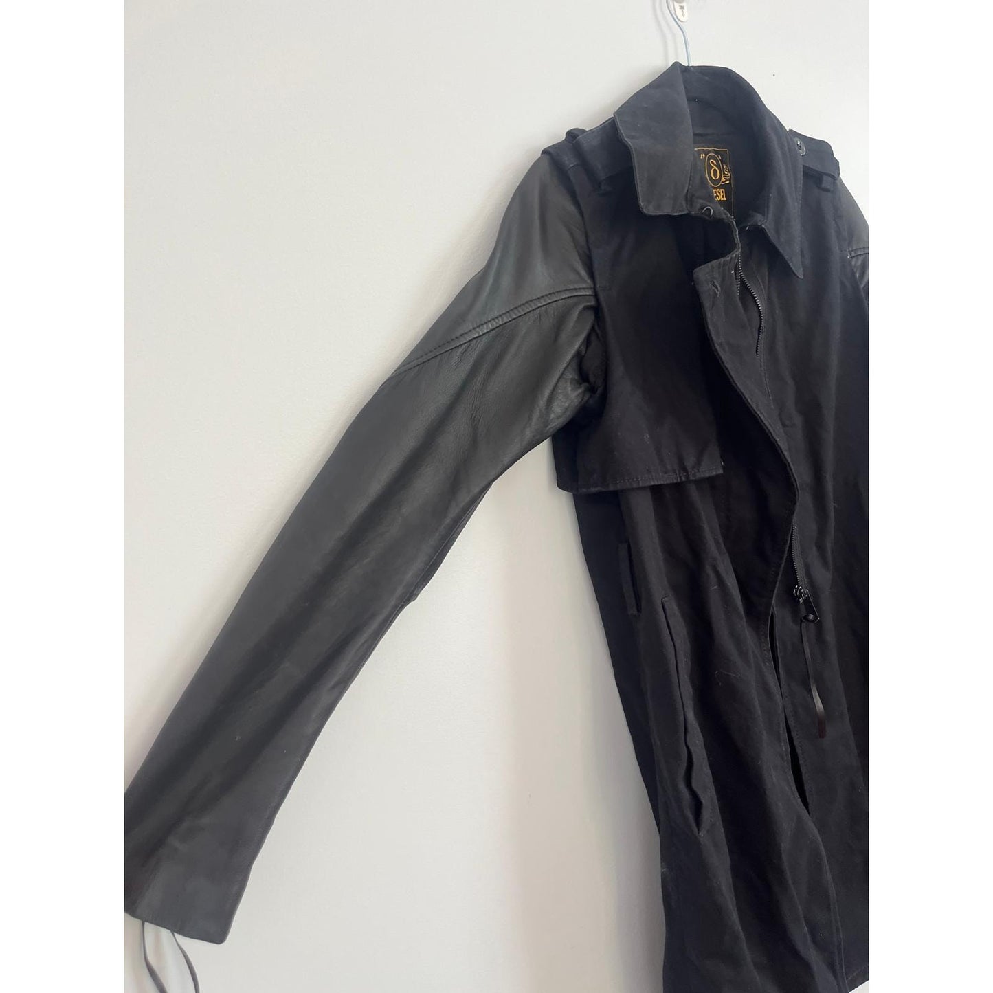 Diesel Trench Coat Female L Black Mixed Media Leather Sleeve Jacket