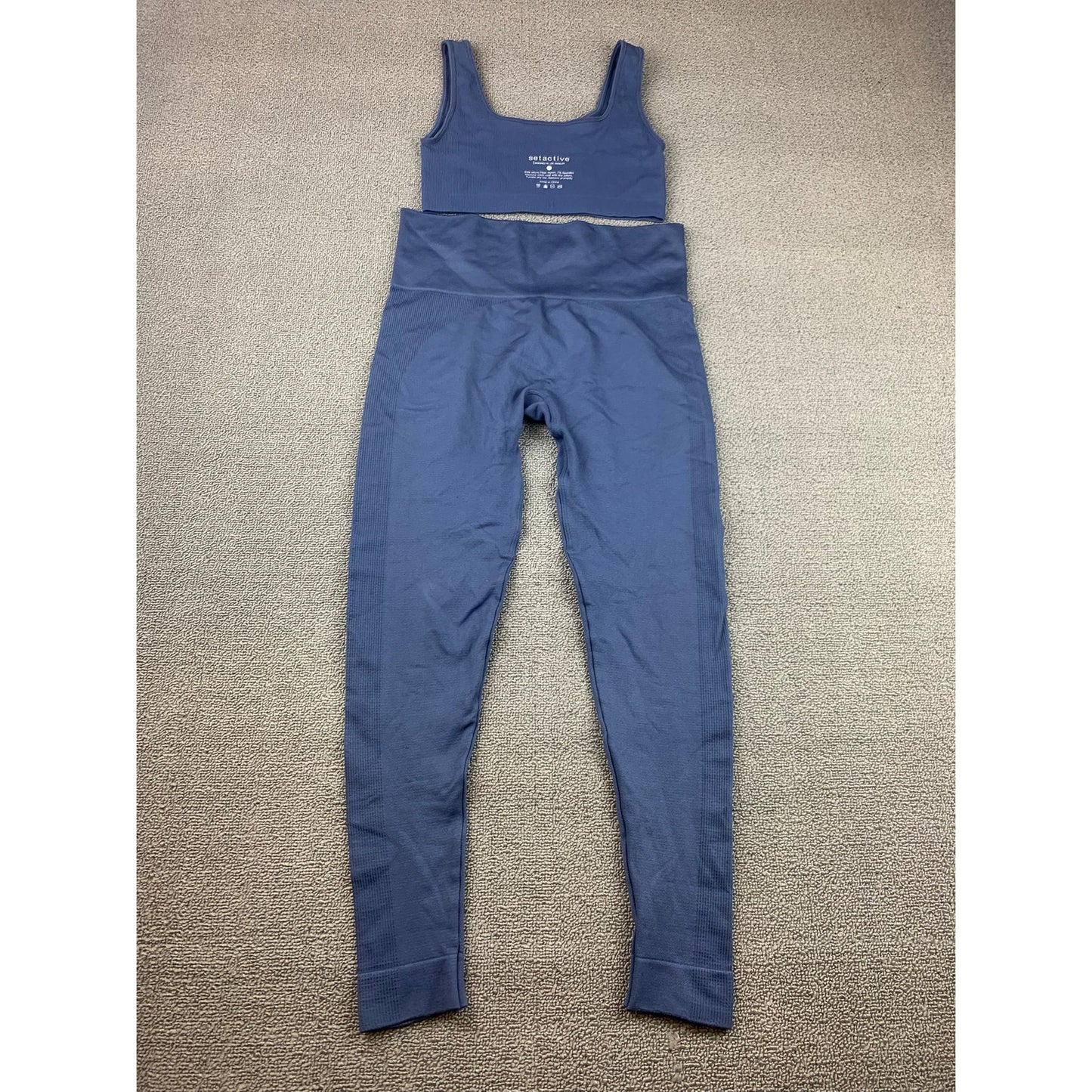 Set Active Women's Medium Blue Ribbed Activewear Sports Bra Leggings Set