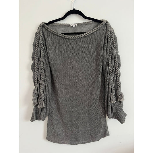 Foley + Corinna Sweater Women S Gray Knit Boatneck Braided Sleeve Boho Pullover