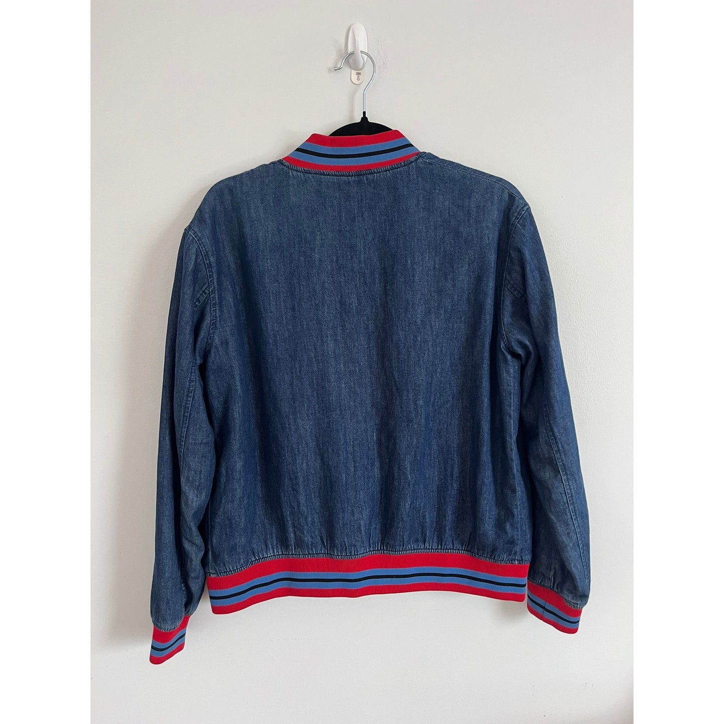 Levis Bomber Jacket Women S Blue Denim Zip Front Red Stripe Trim Retro Logo