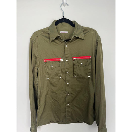 Michael Bastian Button Shirt Men 15.5 Green Cotton Red Zipper Pocket Long Sleeve