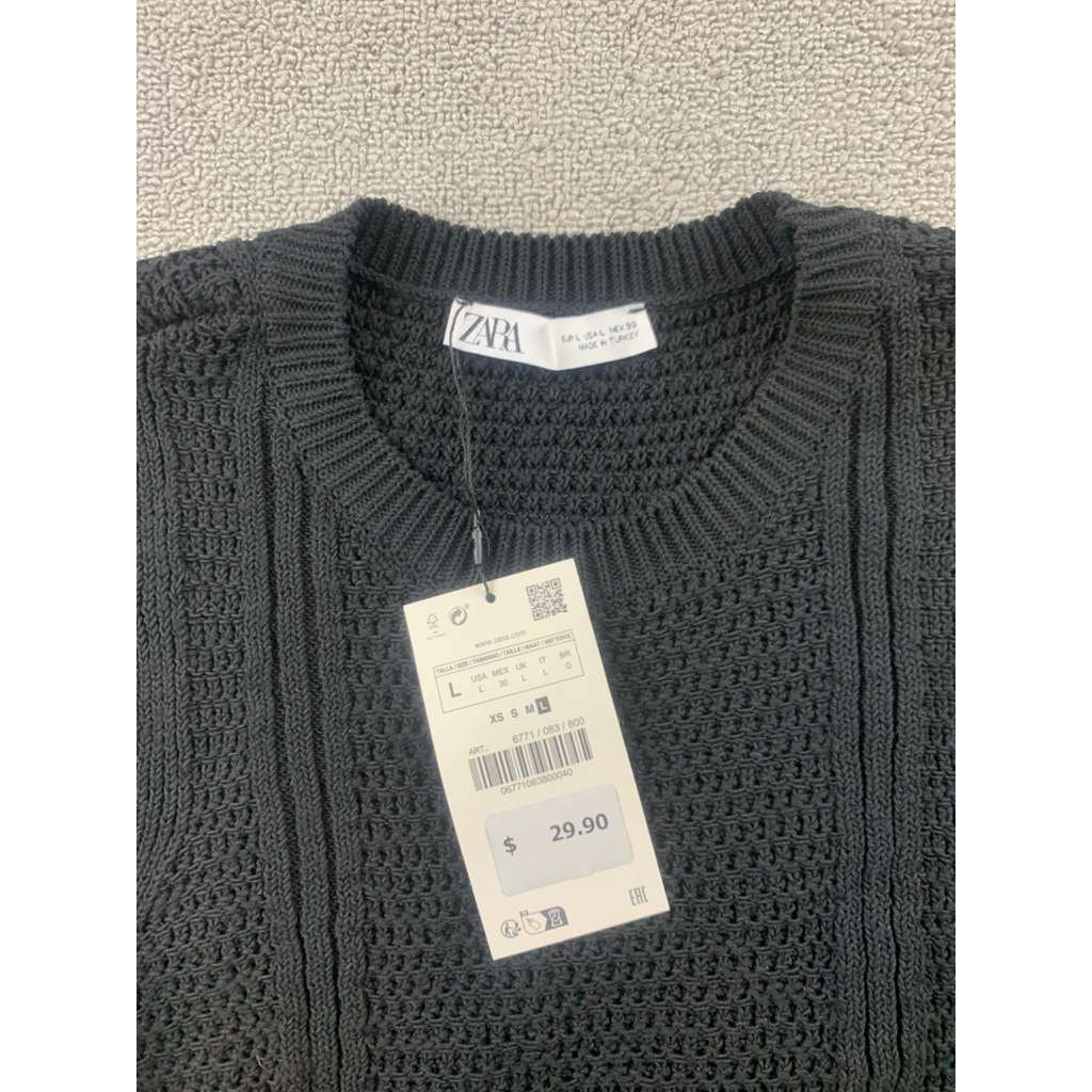 Zara Sweater Vest Women L Black Knit Crewneck Sleeveless Crochet Hem NWT