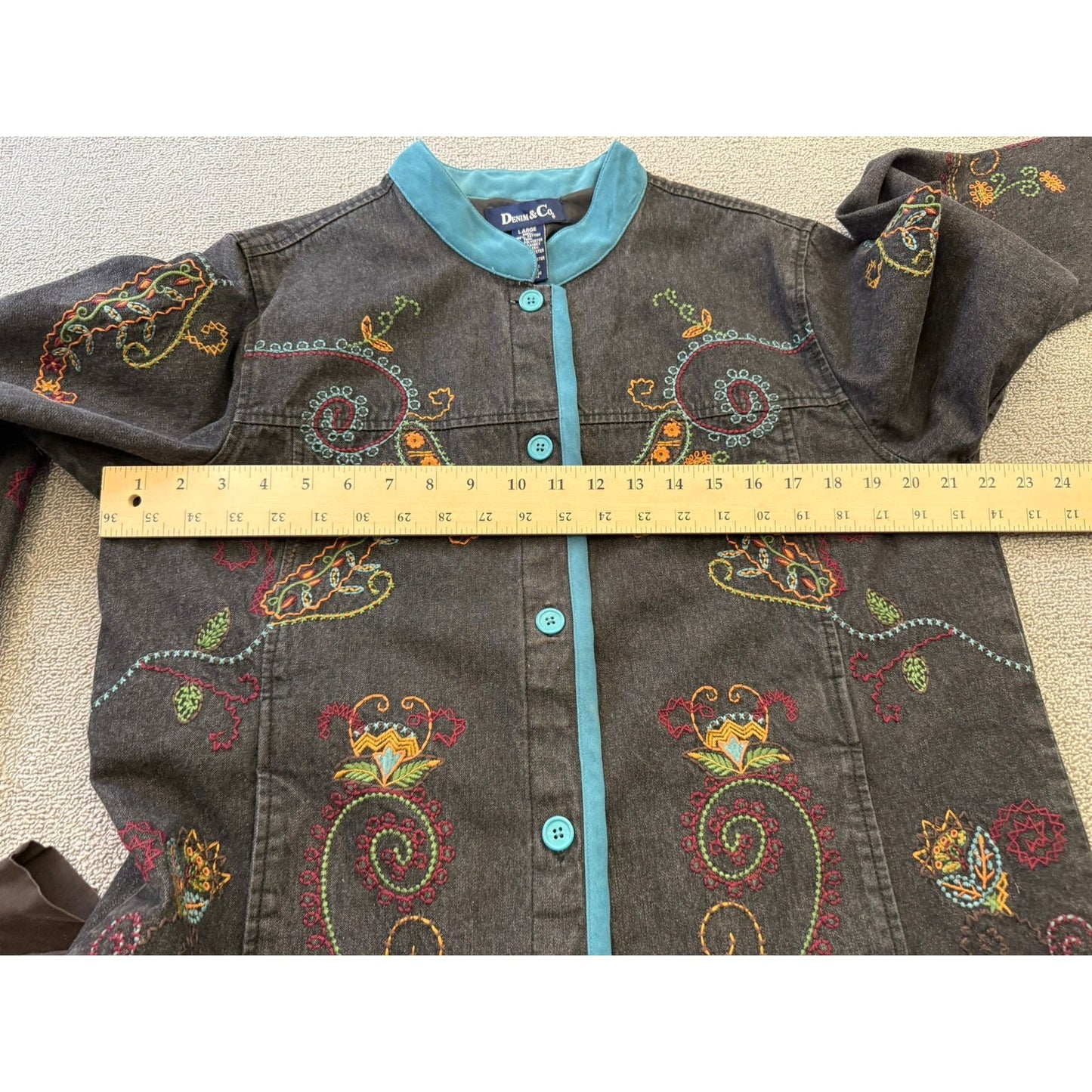 DENIM&CO Women's Large Charcoal Embroidered Denim Jacket