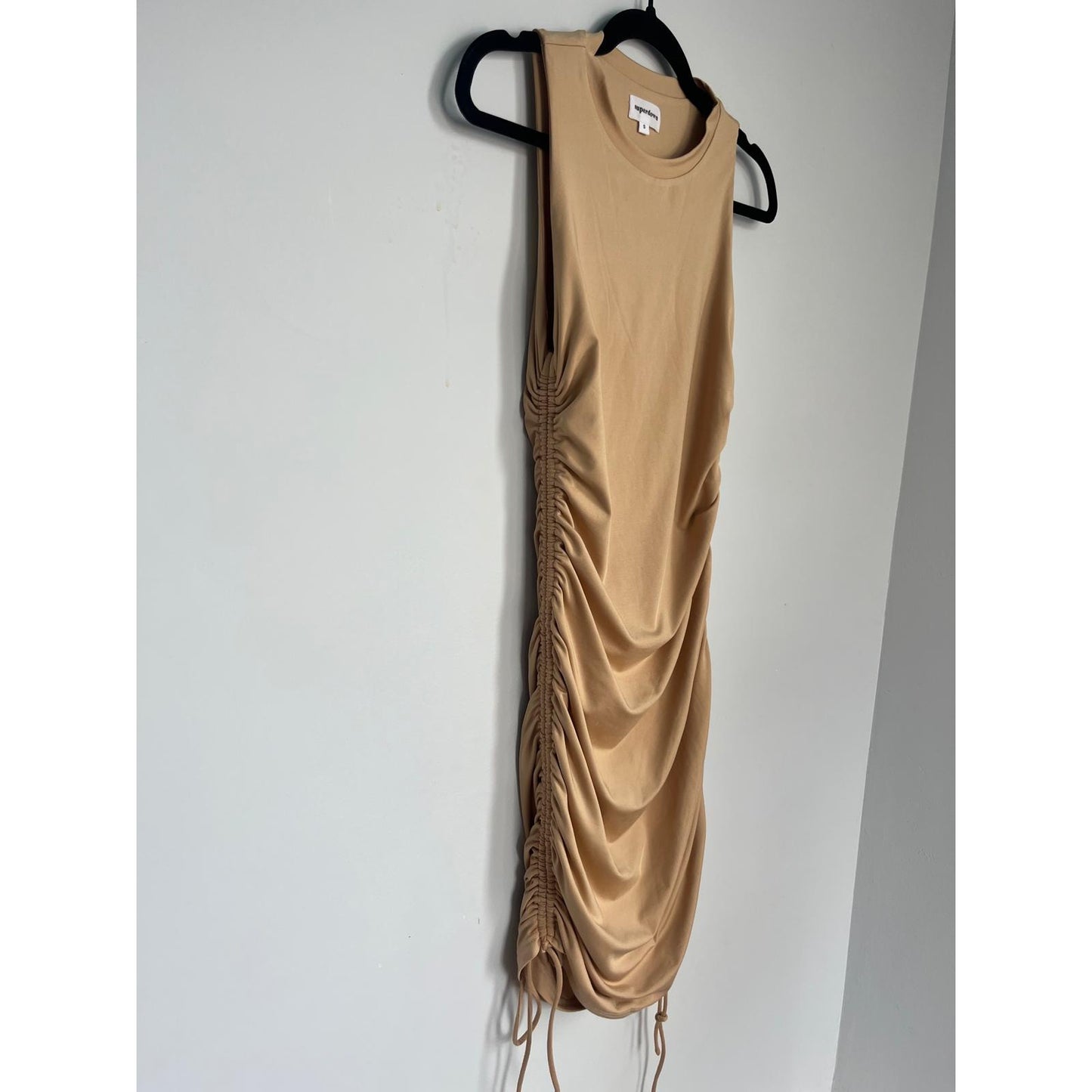 Superdown Ruched Mini Dress Women Small Beige Bodycon Sleeveless Casual