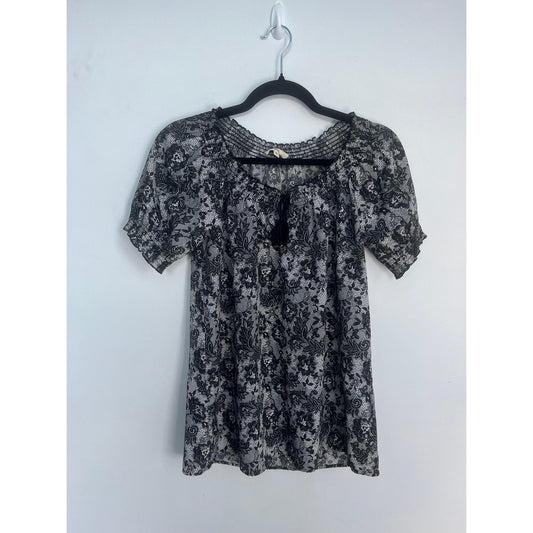Joie Lace Peasant Top Women Small Black White Floral Semi Sheer Blouse