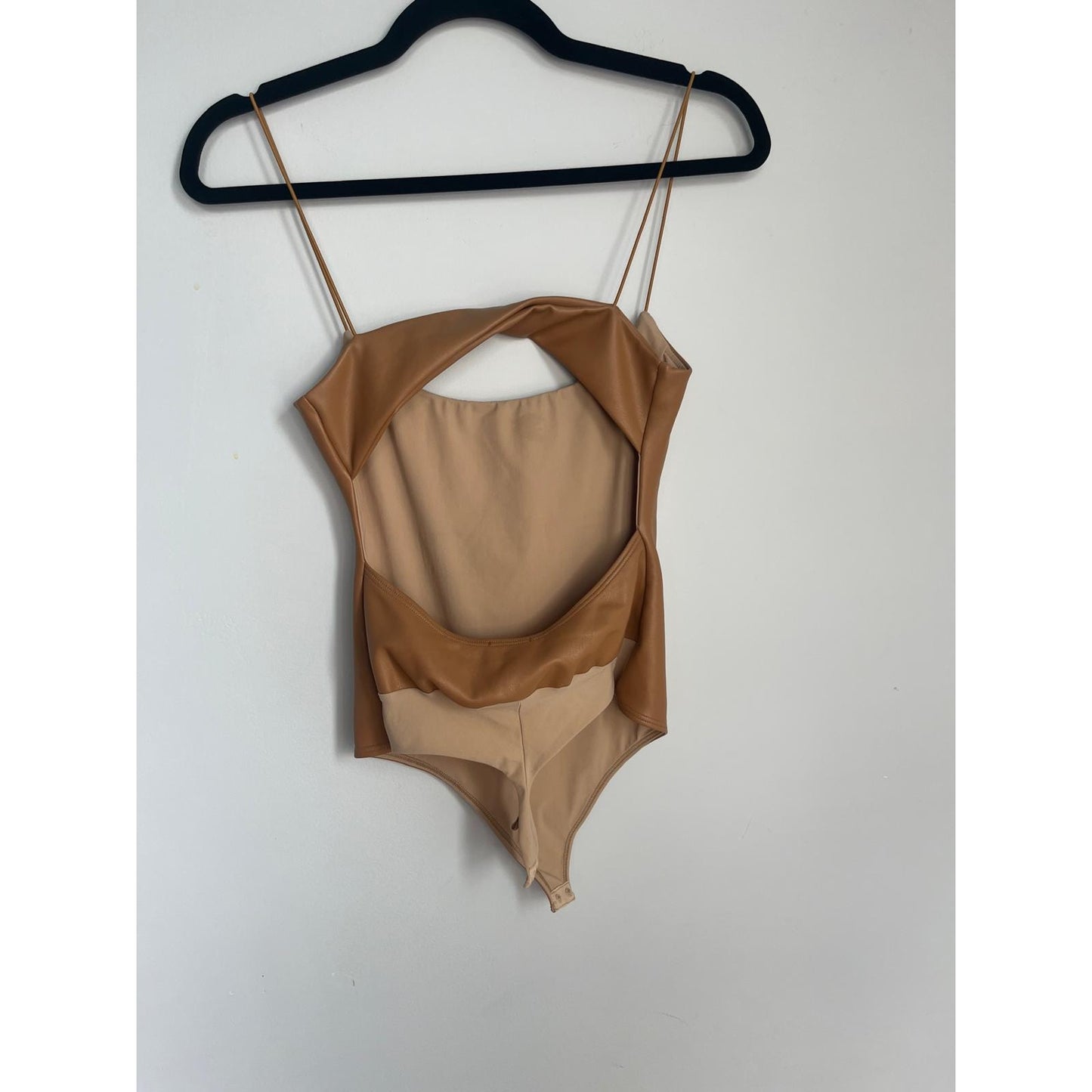 Alix NYC Faux Leather Bodysuit Women XS Cutout Spaghetti Strap Tan