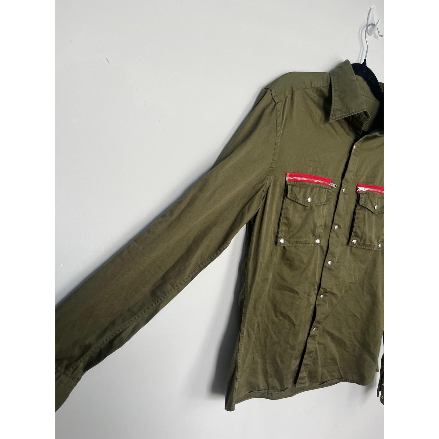 Michael Bastian Button Shirt Men 15.5 Green Cotton Red Zipper Pocket Long Sleeve