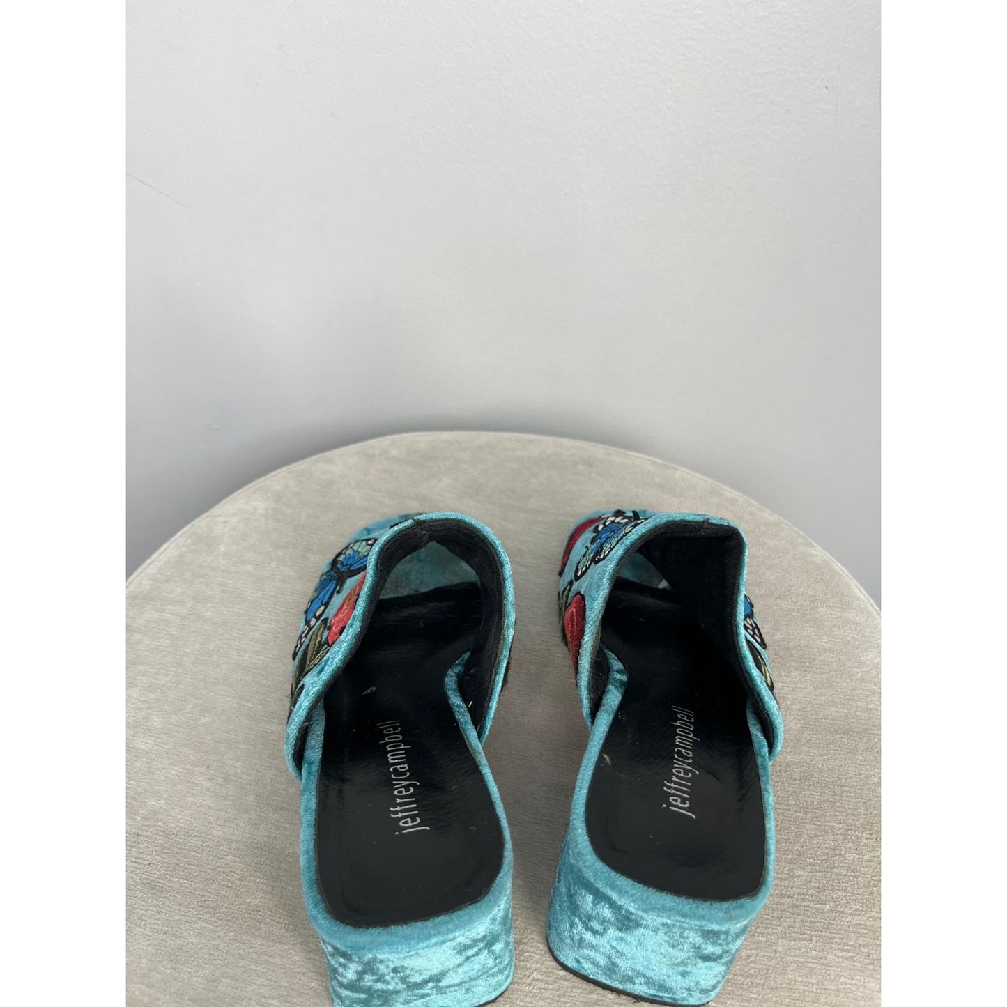 Jeffrey Campbell Velvet Embroidered Women 6 Blue Floral Butterfly Block Heel