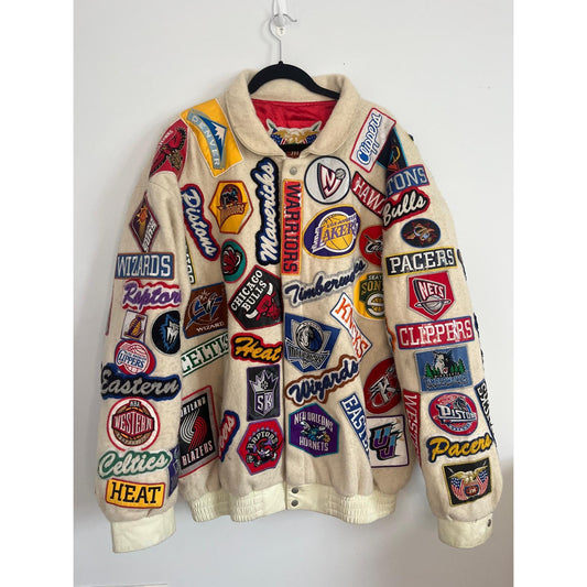 Jeff Hamilton Jacket Men XL Cream NBA All Teams Patch Wool Bomber