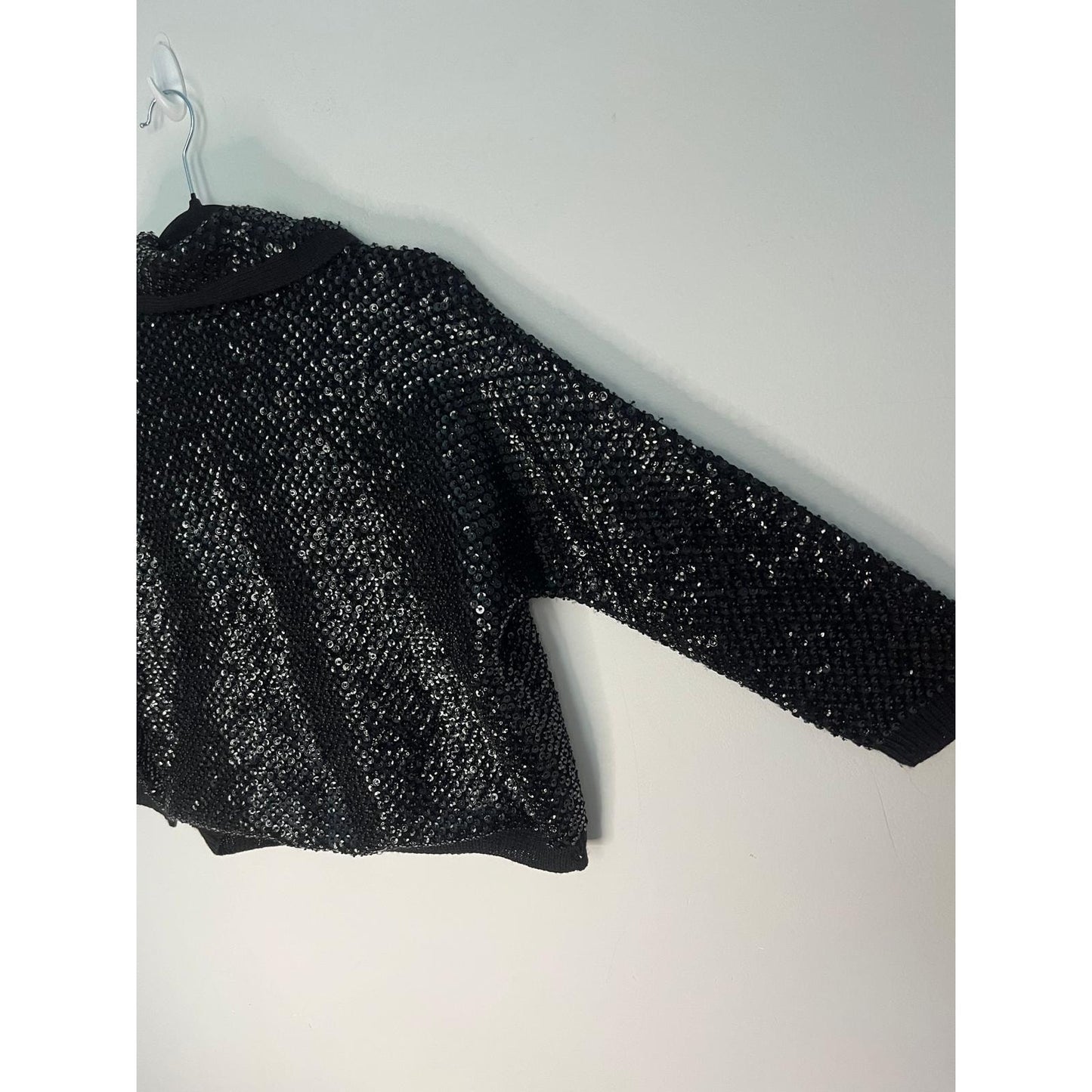 Riviera Sequin Wool Cardigan Sweater Womens 40 Black Vintage Beaded Button Up