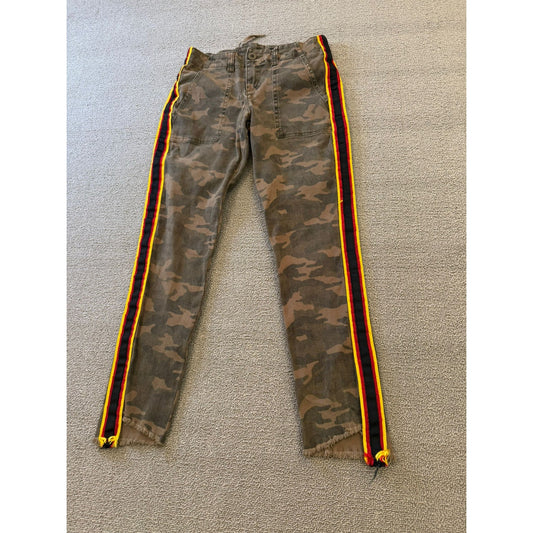 PAM & GELA Women's 24 Camo Camouflage Red Yellow Stripe Distressed Pants