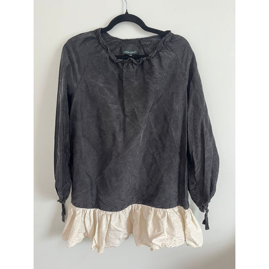 Cynthia Rowley Dress Women XS Black Long Sleeve Ruffle Hem Puff Cuffs Crinkle