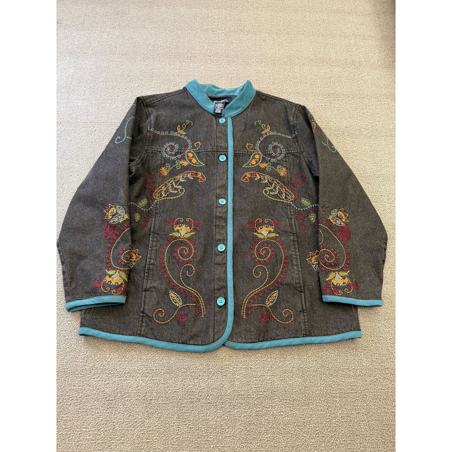 DENIM&CO Women's Large Charcoal Embroidered Denim Jacket