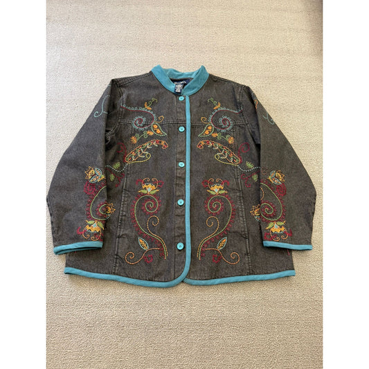 DENIM&CO Women's Large Charcoal Embroidered Denim Jacket