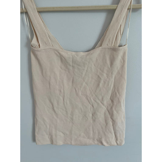 ZARA Tank Top Women M Beige Ribbed Knit Square Neck Sleeveless