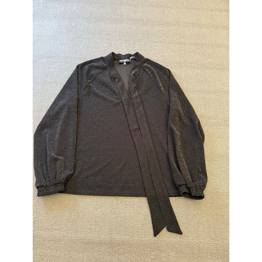 Karl Lagerfeld Paris Women's M Black Tie Neck Metallic Blouse Top