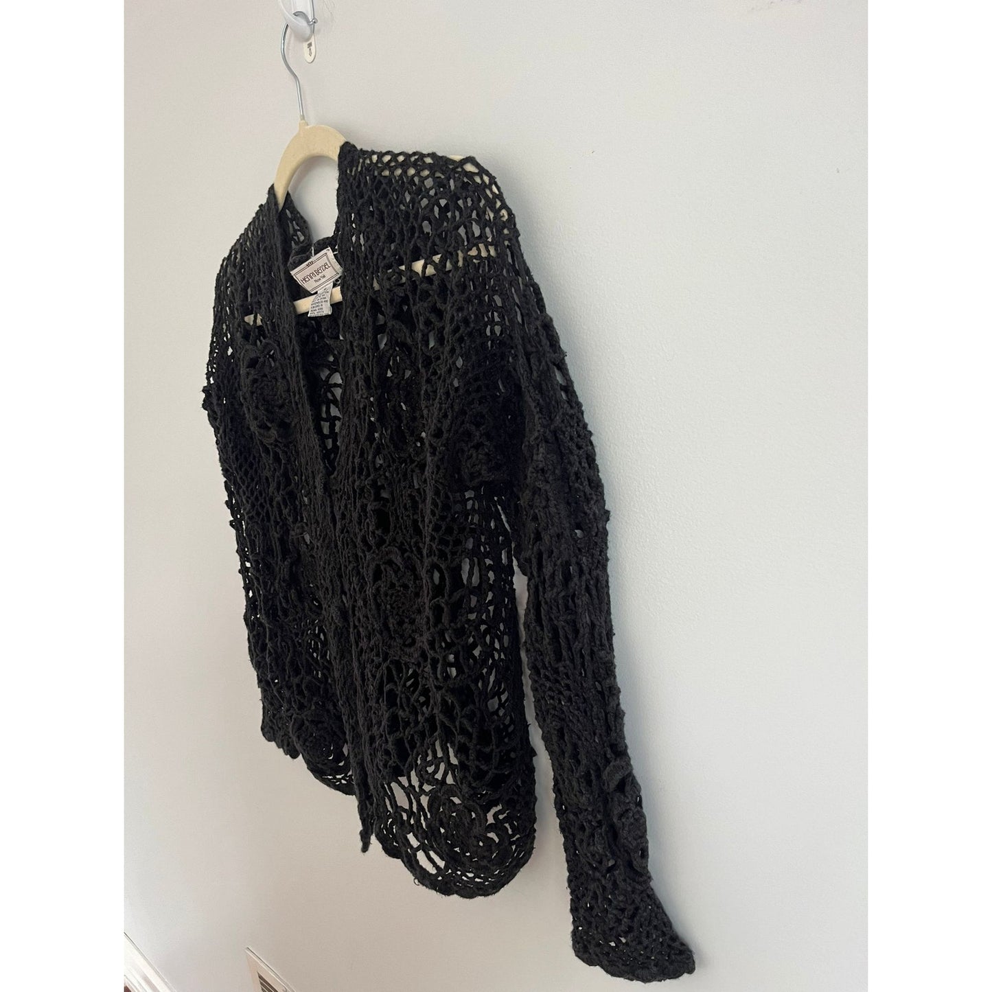 Henri Bendel Cardigan Women Size M Black Open Crochet Knit Button Front Vintage