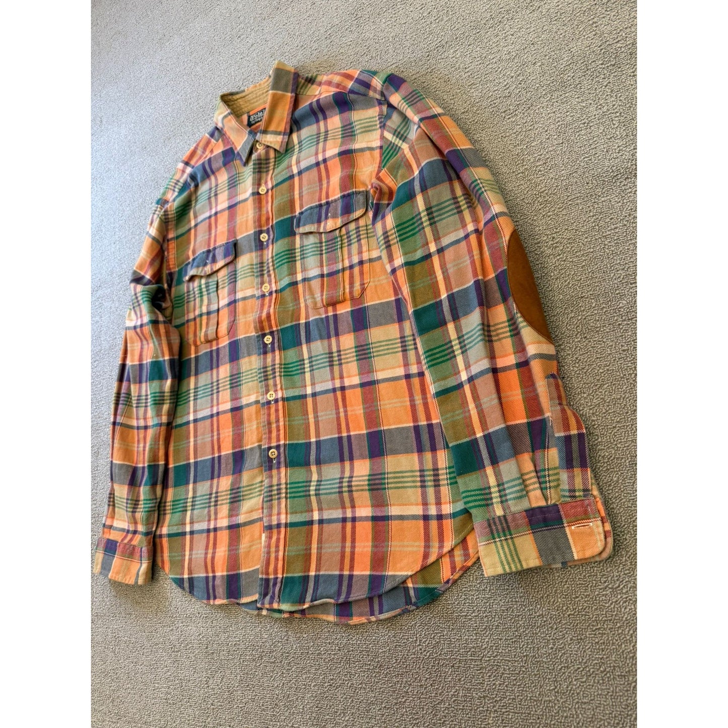 Polo by Ralph Lauren Male XL Orange Blue Green Plaid Collared Long Sleeve Shirt