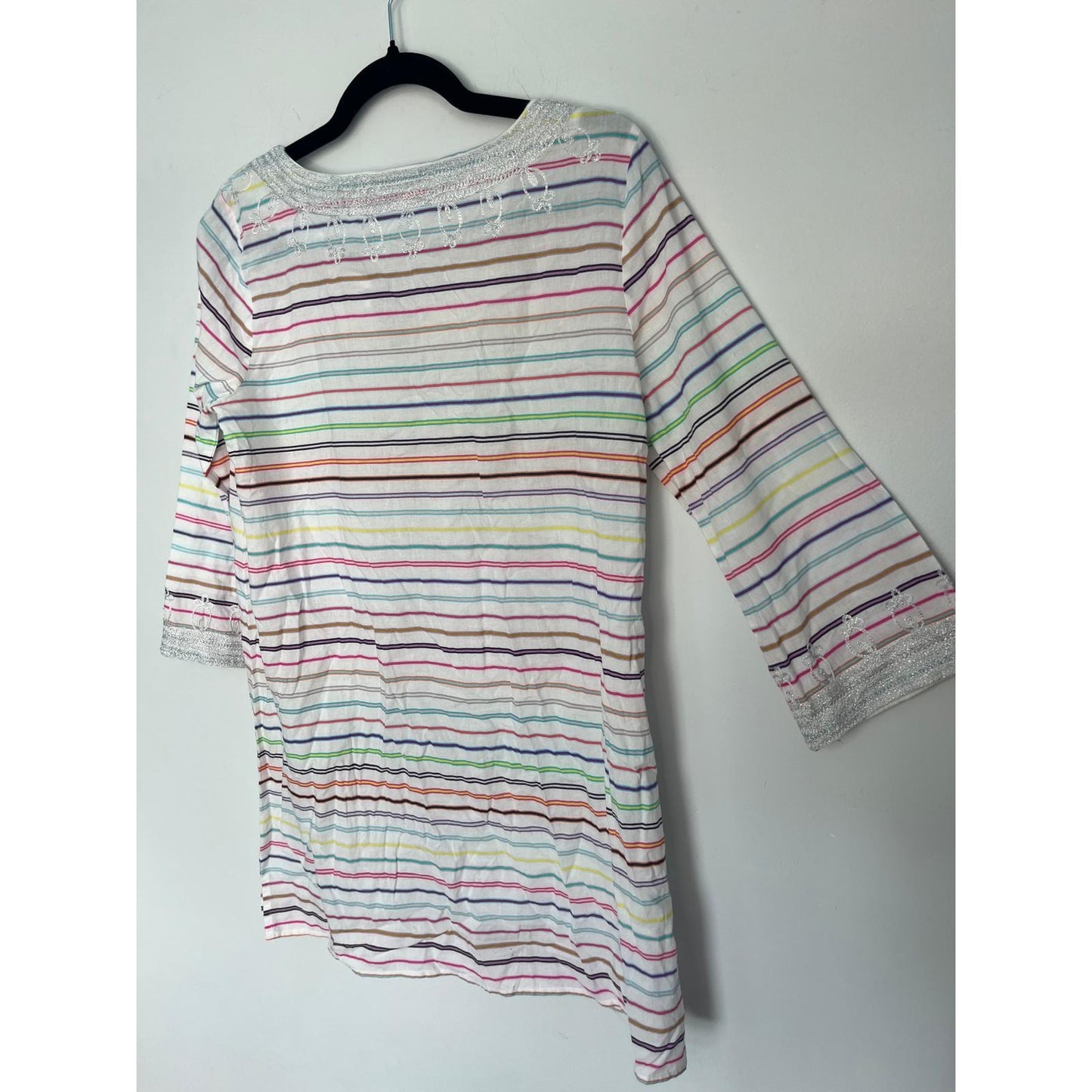 Calypso St Barth Tunic Top Women Small Striped Metallic Embroidered Boho