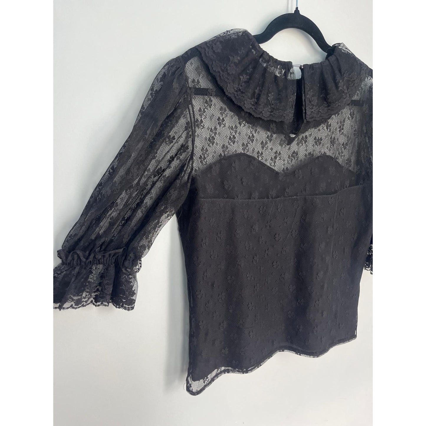 Jean for Joseph Le Bon Sheer Lace Blouse Women 8 Black Victorian Puff Sleeve