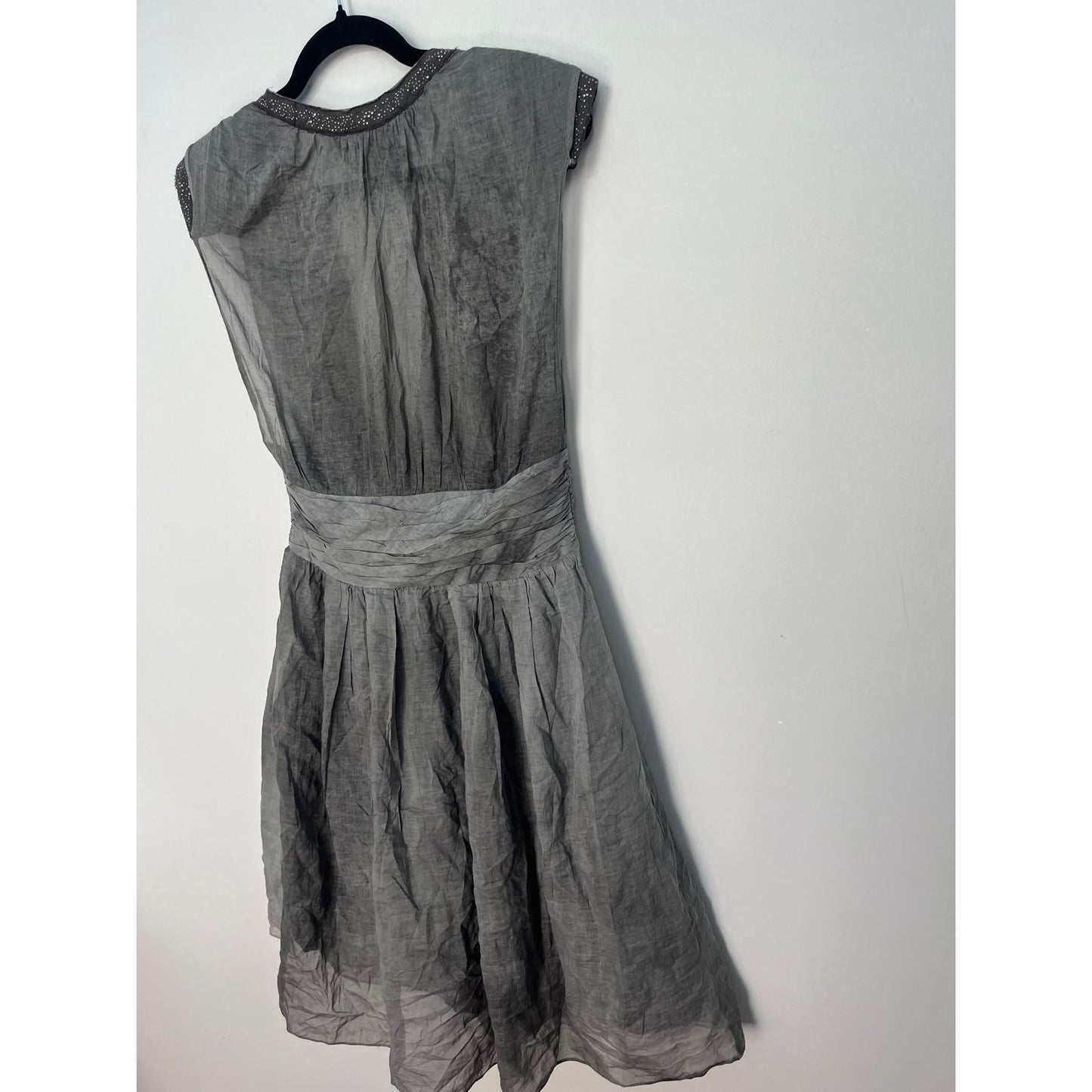 Boss Orange Gray Dress Women 6 Pleated Sheer Cap Sleeve Embellished Waist