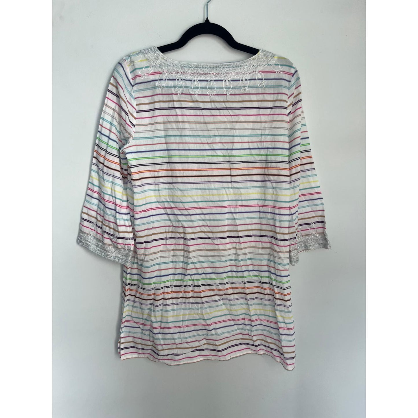Calypso St Barth Tunic Top Women Small Striped Metallic Embroidered Boho