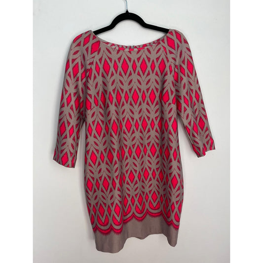 Just Taylor Knit Dress Women 10 Pink Tan Geometric 3/4 Sleeve Pullover Retro