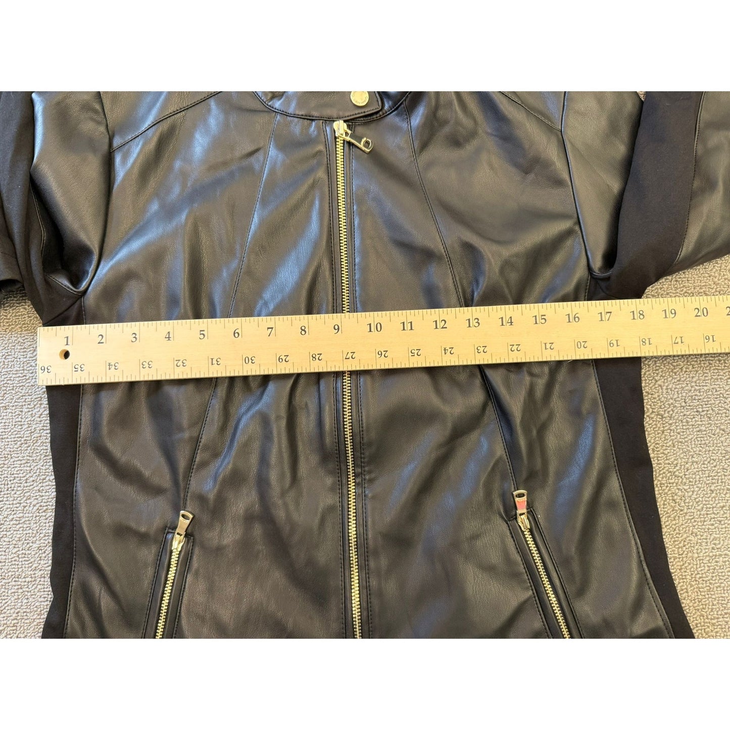 Calvin Klein Womens Large Black Faux Leather Biker Jacket Gold Zippers
