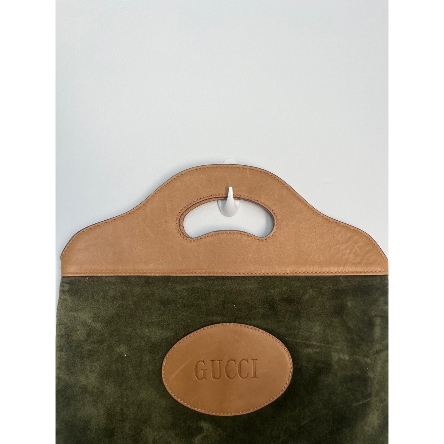 Gucci Suede Tote Bag Women Green Brown Vintage Logo Cutout Handle