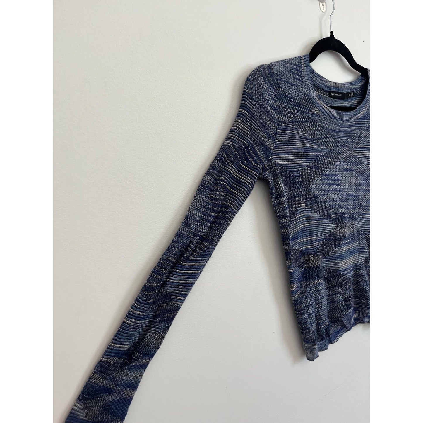 Karen Millen Knit Sweater Women XS Blue Textured Striped Pullover Lightweight