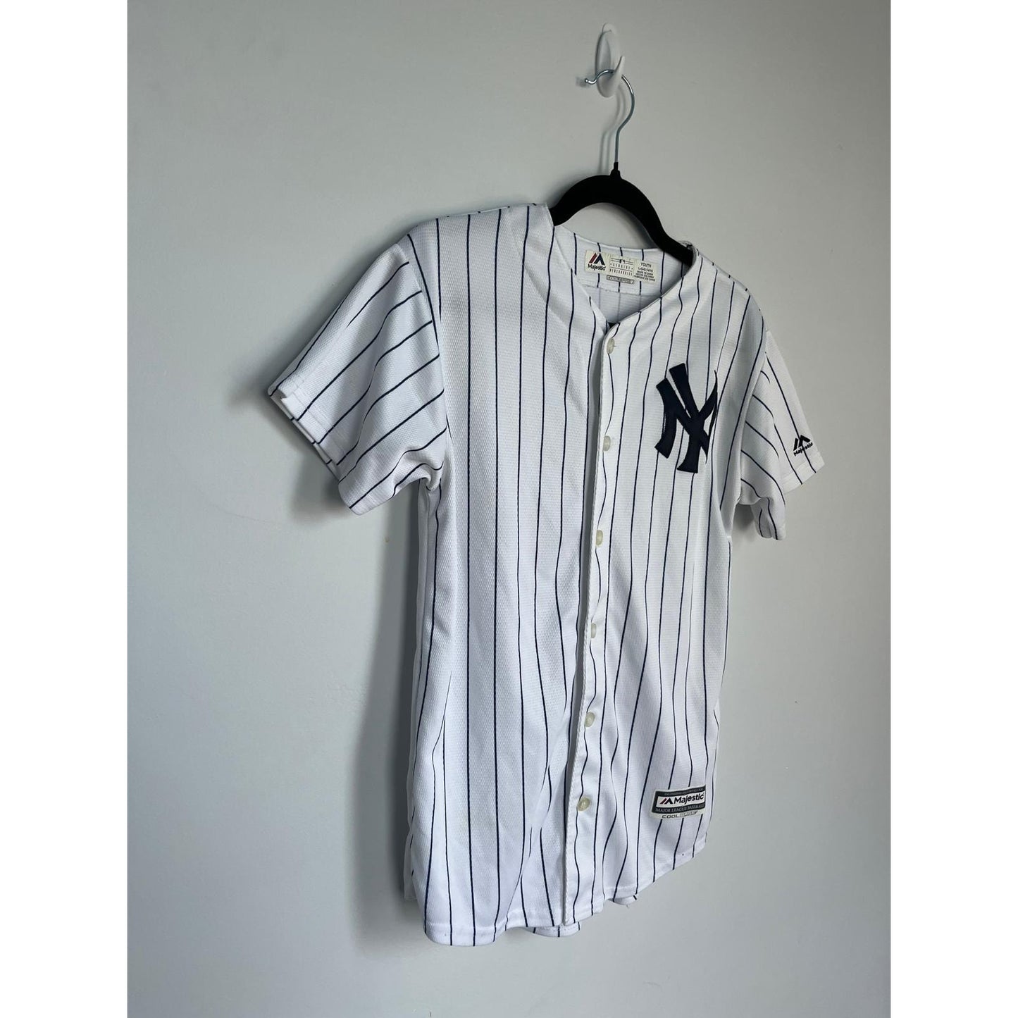 Majestic Yankees Jersey Youth L White Navy Pinstripe Cool Base