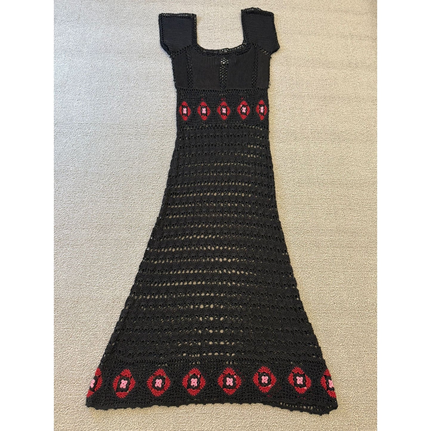 ABS by Allen Schwartz Crochet Small Maxi Dress Black Red Floral Boho