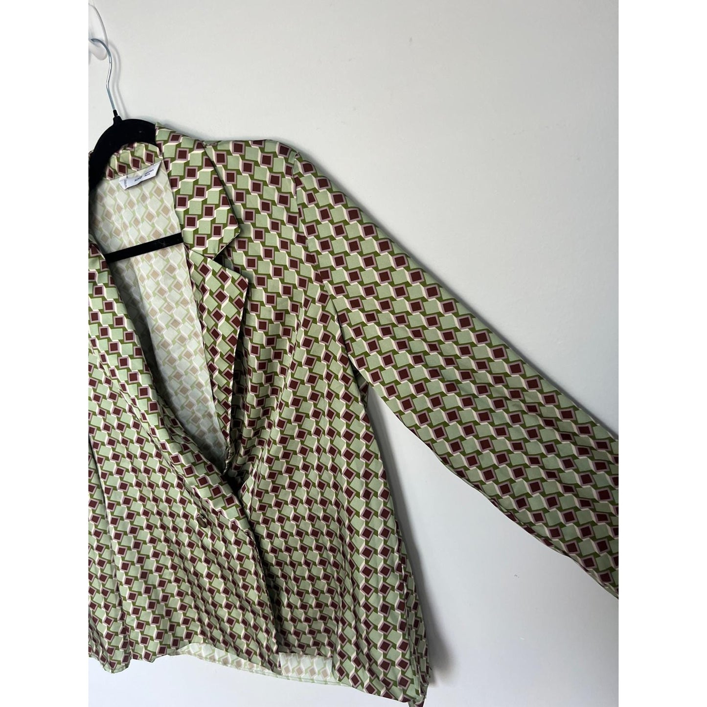 MNG Geometric Blazer Women M Green Brown Satin Diamond Print Lightweight Retro
