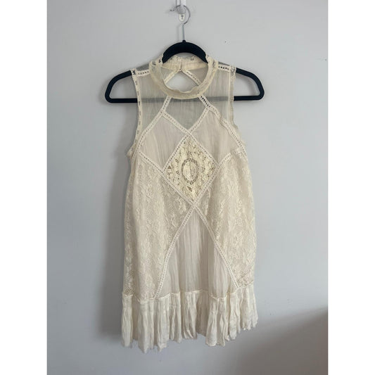 Free People One Lace M Female Boho Lace Tunic Top Cream Sleeveless High Neck