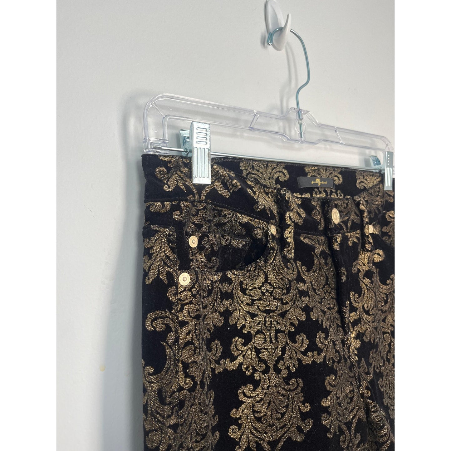 7 For All Mankind Velvet Pants Women 27 Black Gold Baroque Skinny Stretch