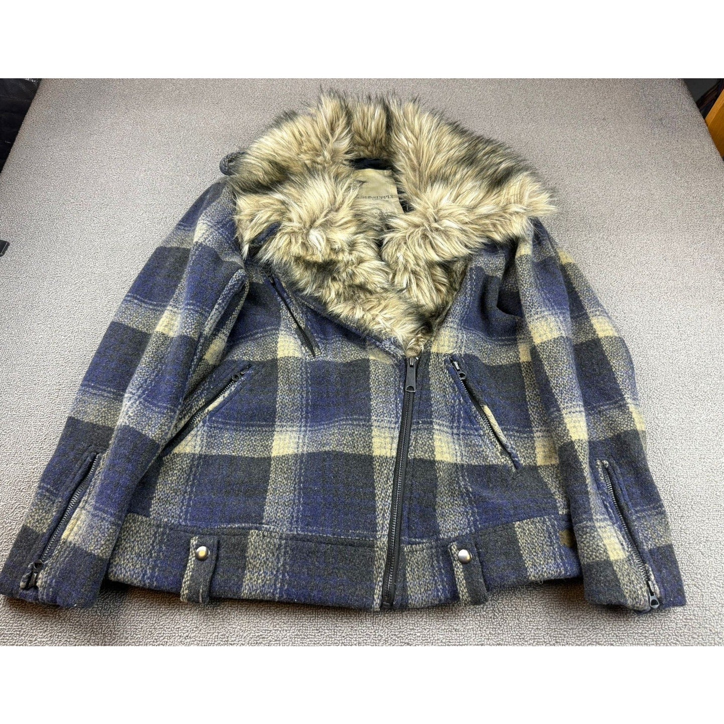 Denim & Supply Ralph Lauren Women's Large  Wool Plaid Faux Fur Trimmed Jacket